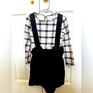 Plaid Long Sleeve Top with Black Velvet Suspender Skirt Size 5T